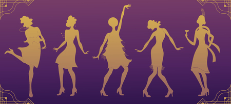 Charleston part gold silhouette dancer. Gatsby style set, group of retro woman dancing Charleston. Vintage style retro silhouette dancer 1920 party vector background swing dance girl.のイラスト素材