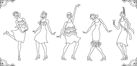 Group of retro woman dancing in black outlines isolated on white background.のイラスト素材