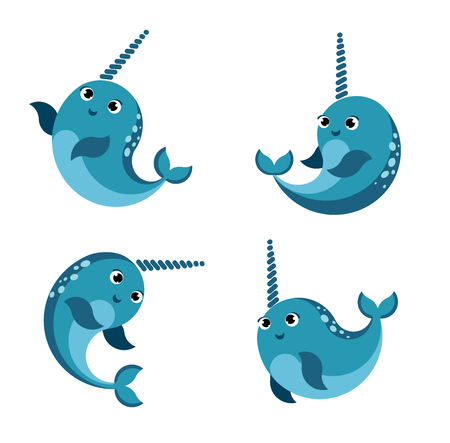 Cartoon happy smiling narwhal set.のイラスト素材
