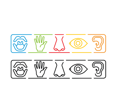 Icon set of five human senses vision eye, smell nose, hearing ear, touch hand, taste mouth. Simple line icon vector illustration. simple color abstract setのイラスト素材