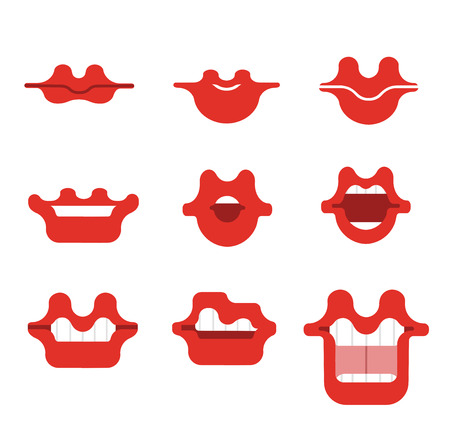 Mouth cartoon vector smile set. Funny Cartoon mouths set with different expressions. Smile with teeth, open mouth with tongue, surprised.Red lips.Simple vector illustration.Collection of mouth posesのイラスト素材