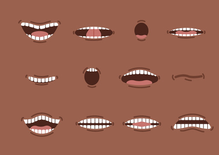 Cartoon african mouths set. Smile. Funny Cartoon mouth set with different expressions. Smile with teeth, sticking out tongue, surprised. Cartoon talking mouth and lips expressions vector animationのイラスト素材