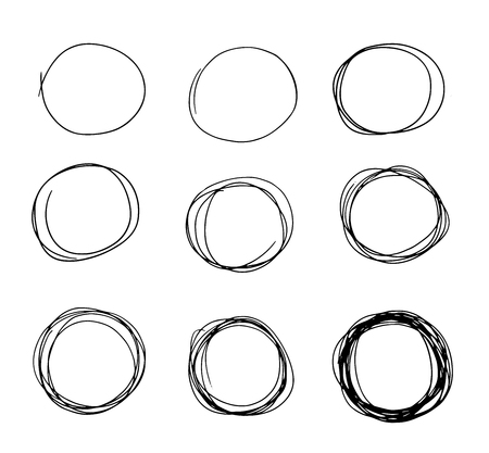 Hand drawn circle sketch set doodle. Pencil line vector. Hand drawn circle line sketch set. Vector circular scribble doodle round circles for message note mark design element. Pencil graffitiのイラスト素材
