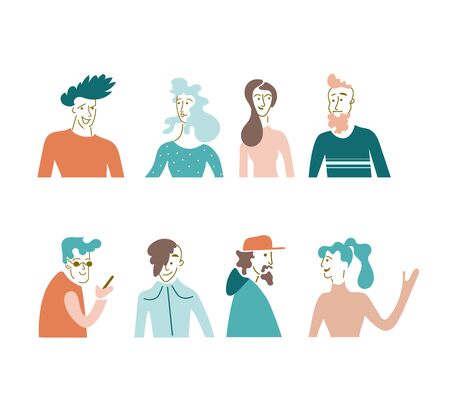 People avatar vector icon set.Bright people portraits - young men and women.Talking people with supervising concept.face character peoplehand drawn flat style vector design concept illustration.socialのイラスト素材