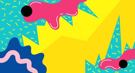 Memphis abstract pop art line and dots color pattern background. Vector liquid splash overlay geometric design memphis style. Color splash abstract cartoon background children playground banner.のイラスト素材