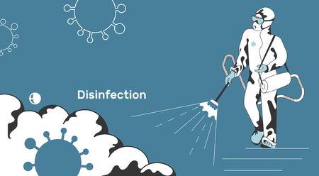 Man in hazmat. Protective suit, gas mask and gas disinfection coronavirus. Toxic and chemicals protection. Spraying pesticides. Biological precaution.Vector illustration flat design.Covid-19.Virusのイラスト素材
