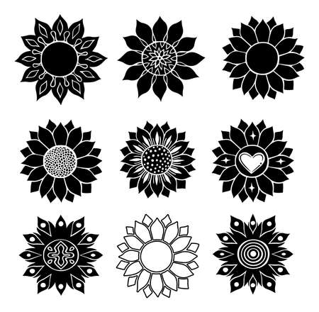 Sunflower isolated on white background. Flat vector illustration. Boho tribal print. design illustration. silhouette black style. Nature flower set. summer shapes botanical set. Graphic abstract decor.のイラスト素材