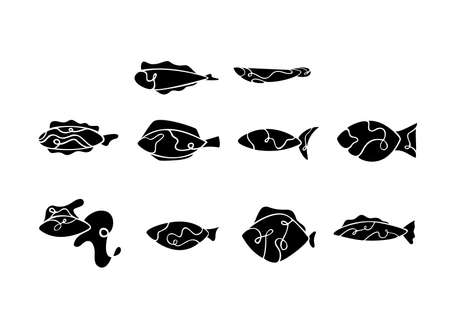 Black fish silhouette. decorative minimalistic style. Abstract graphic icon ornament. nature ocean art.のイラスト素材