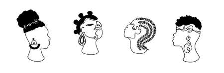 African american woman hand drawn set. Turban tribal decoration.Accessories element.Isolated on white. Africa art.Portrait girl hairstyle. Black sillhouette ethnic decor.Tribal beauty. Braidのイラスト素材