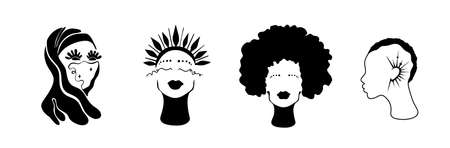 African american woman hand drawn set. Turban tribal decoration.Accessories element.Isolated on white. Africa art.Portrait girl hairstyle. Black sillhouette ethnic decor.Tribal beautyのイラスト素材