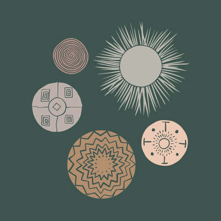 African tribal element.Wall decor traditional minimal trendy plate.Ethnic poster vector.Round shape ornament.Boho fashion.Green abstract background.Africa plateのイラスト素材