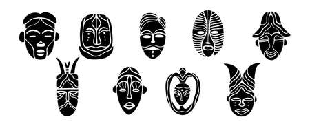 African tribal mask.Ornament decoration design. Ritual culture abstract face. Animal safari vector totem.Ethnic element. Africa decor head.Boho fashion.black and whiteのイラスト素材