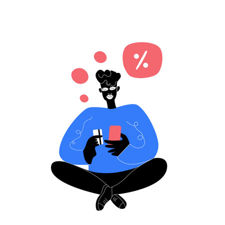 Holding phone and card.online shopping african american payment. Making a money transaction.finance black people. Gift box voucher vector.winter coupon.sticker price discount icon outlineのイラスト素材