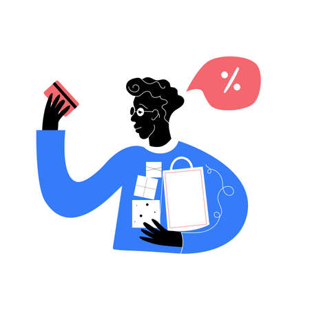 Holding phone and card.online shopping african american payment. Making a money transaction.finance black people. Gift box voucher vector.winter coupon.sticker price discount icon outline.simple styleのイラスト素材