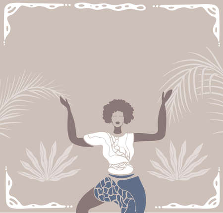 Abstract poster with African woman, minimalistic style.Contemporary collage fashion.Vector illustration.sunshine with decorative border hand drawn animal print textile.tribal boho.Palm tree leavesのイラスト素材