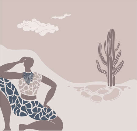 Abstract poster with African woman, minimalistic style.Contemporary collage fashion.Vector illustration.sunshine with decorative border hand drawn animal print textile.tribal boho cactus and desert.のイラスト素材