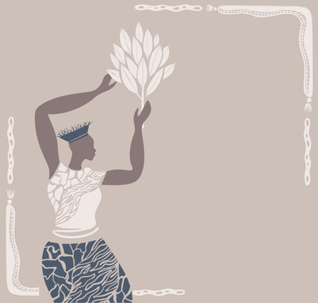 Abstract poster with African woman, minimalistic style.Contemporary collage fashion.Vector illustration.sunshine with decorative border hand drawn animal print textile.tribal boho girlのイラスト素材