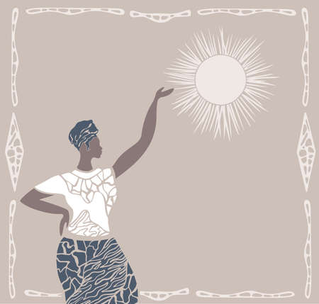 Abstract poster with African woman in turban, minimalistic style.Contemporary collage fashion.Vector illustration.sunshine with decorative border hand drawn animal print textile.tribal bohoのイラスト素材