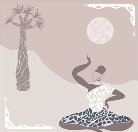 Abstract poster with African woman, minimalistic style.Contemporary collage fashion.Vector illustration.sunshine with decorative border hand drawn animal print textile.tribal boho Baobab treeのイラスト素材