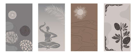 Vector Set of abstract posters with African woman in minimalistic style. Potter school and jugs, plants, abstract shapes and landscape. Collection of contemporary art.tribal boho.Palm tree leaves.Sheaのイラスト素材