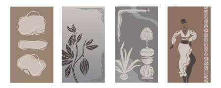 Vector Set of abstract posters with African woman in minimalistic style. Potter school and jugs, plants, abstract shapes and landscape. Collection of contemporary art.tribal boho.Palm tree leaves.Sheaのイラスト素材