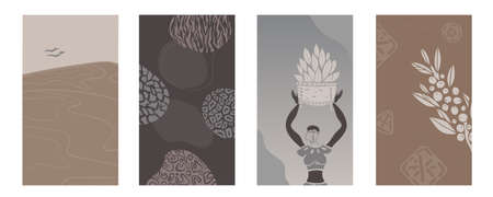african background.Vector Set of abstract posters with afro woman in minimalistic style. Potter school and jugs, plants, abstract shapes coffee and landscape.Collection of contemporary art.tribal bohoのイラスト素材