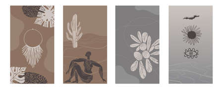 african background.Vector Set of abstract posters with afro woman in minimalistic style. Potter school and jugs, plants, abstract shapes cacao and landscape.Collection of contemporary art.tribalのイラスト素材