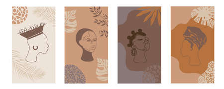 african background.Vector Set of posters with afro woman in minimalistic style. Plants, abstract shapes and landscape.Collection of contemporary art.tribal boho.palm tree.のイラスト素材