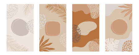 african background.Vector Set of abstract posters in minimalistic style.plants, shapes and landscape. Collection of contemporary art.tribal boho.decorative savanna cover template cardのイラスト素材