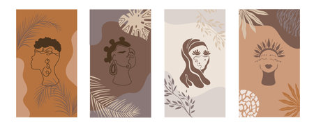 african background.Vector Set of posters with afro woman in minimalistic style. Plants, abstract shapes and landscape.Collection of contemporary art.tribal boho braid hairstyleのイラスト素材