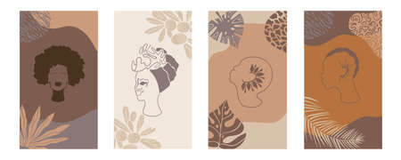 african background.Vector Set of posters with afro woman in minimalistic style. Plants, abstract shapes and landscape.Collection of contemporary art.tribal boho braid hairstyle.palm leavesのイラスト素材