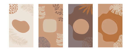 african background.Vector Set of abstract posters in minimalistic style.plants, shapes and landscape.Collection of contemporary art.tribal boho.doodle template bannerのイラスト素材