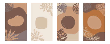 african background.Vector Set of abstract posters in minimalistic style.plants, shapes and landscape. Collection of contemporary art.tribal boho.decorative savanna ethnic coverのイラスト素材