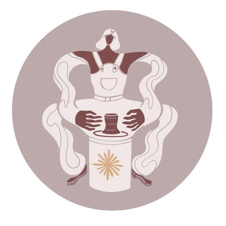 Pottery making.Hand made studio ceramic poster.decoration for wall.print background.hobby handcraft master.work shop event. Potter's wheel and clay.vase and mugのイラスト素材