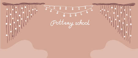 Pottery house and school.background for announcement and timetable.frame with lettering.Hand made ceramic poster.decoration for wall.hobby handcraft master.のイラスト素材