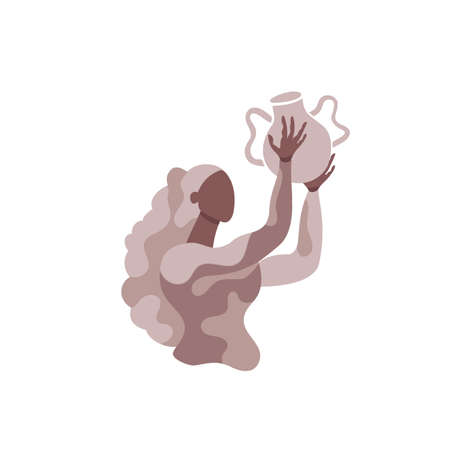 Pottery making.Hand made studio ceramic poster.decoration for wall.print background.hobby handcraft master.work shop event. Potter's wheel and clay.Girl with vase and long hair.のイラスト素材