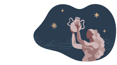 Girl with vase.Star night.Hand made studio ceramic poster.decoration for wall.hobby handcraft master.work shop event. Potter's wheel and clay.flat style minimalist.pottery school.のイラスト素材