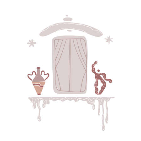 Pottery making.art ceramic workshop.Pot silhouette.Window with decor vase and dripping glaze.flat vector style.Tool for work with clay.isolated object.background for web event school or studioのイラスト素材