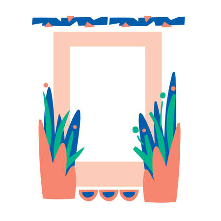 Hand drawn various shapes and doodle objects. Abstract contemporary modern trendy vector illustration.Template frame for web.Photo border.Ornament decor collage.geometry decor card.Flower and natureのイラスト素材