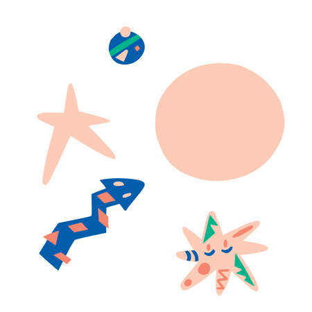 Hand drawn various shapes and doodle objects. Abstract contemporary modern trendy vector illustration.Background star isolated on white with arrow. circle speech bubble templateのイラスト素材