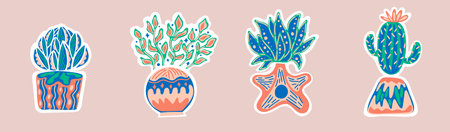 Flower hand drawn vector. Succulent home plant.Decorations sticker.Tropical leaves urban jungle.Various cactus collection.Silhouette style illustration. Vase saguaro.Funny cute wildのイラスト素材