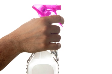 Closeup of spray bottle of transparent glass cleaner isolated on whiteの写真素材