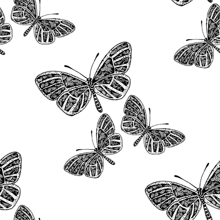 hand drawn vector butterfly, spring and summer seamless pattern. Coloring book for adult. Fashion, wrapping, wallpaper, textile natural texture. Wildlife illustration.のイラスト素材