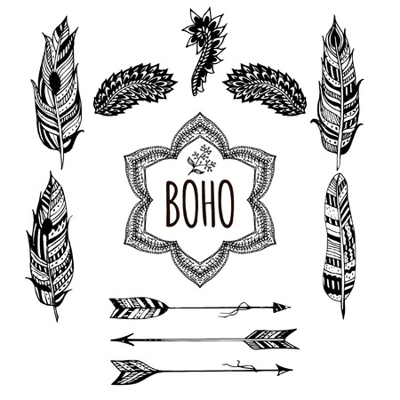 Gypsy love, hand drawn vector feathers, arrows and hand drawn elements for your design. Boho style. Hippie and tribal sketched elements.のイラスト素材