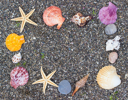 Seashells on small coast pebbles, frame with copy space. Travel background.の写真素材