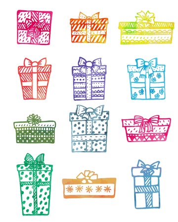 Set of doodle hand drawn gift boxes and presents. Watercolor style.のイラスト素材