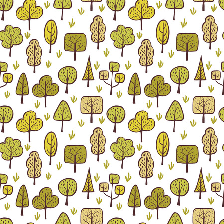 Trees pattern. Green nature background. Doodle cartoon spring and summer seamless pattern.のイラスト素材