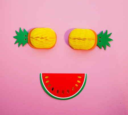 Paper fruits flat lay abstract summer minimal concept. Trendy background. Summer vibes.の写真素材