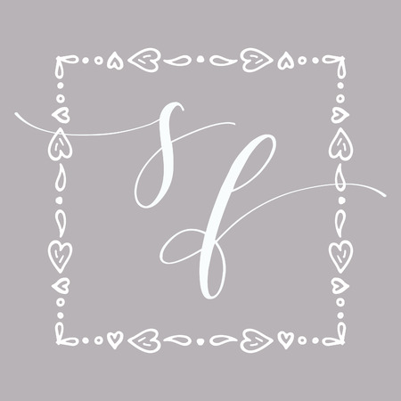 Floral Frame or Monogram Hand Drawn Element. Doodle Branches Border Illustration for Wedding Invitations, Greeting Card or Restaurant Menu. Hipster Hand Made Logo Design Template.のイラスト素材