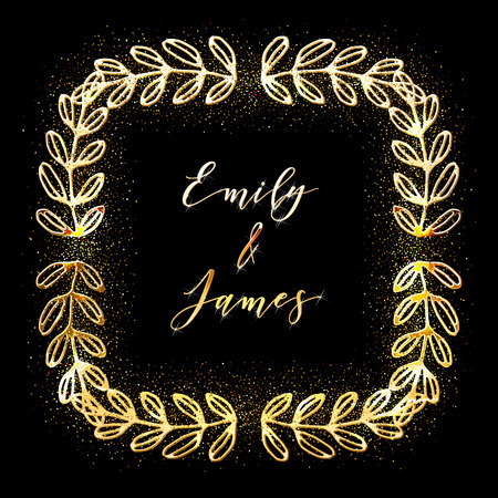 Golden Glittering Frame A with Floral Hand Drawn Border. Wedding invitation and RSVP Laurel design. Shimmering Luxury Circle Natural Element for Greeting Card Design.のイラスト素材